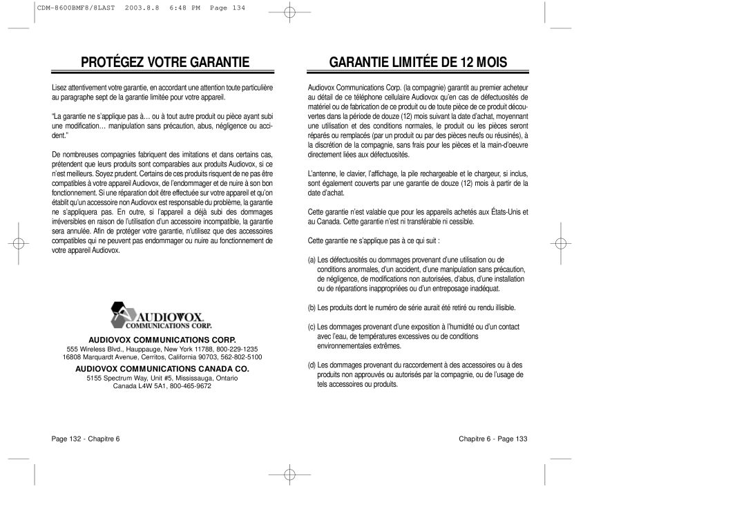 Audiovox CDM 8600 owner manual Protégez Votre Garantie, Garantie Limitée DE 12 Mois 