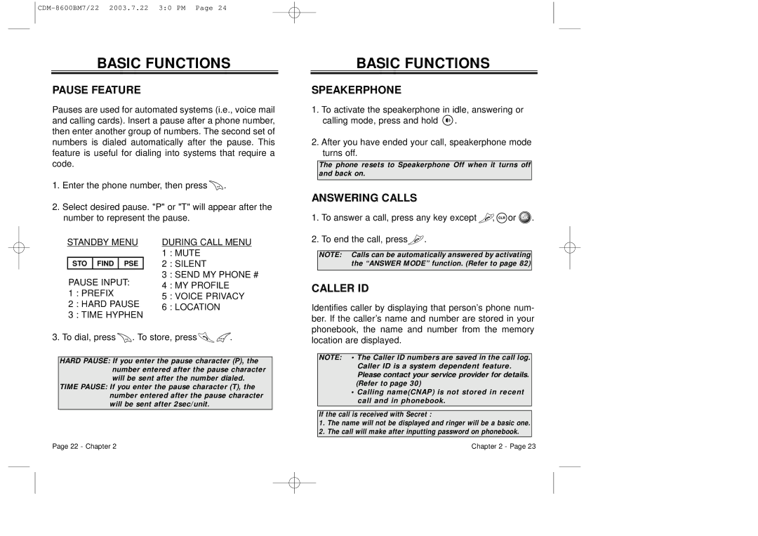 Audiovox CDM 8600 owner manual Pause Feature, Speakerphone, Answering Calls, Caller ID 