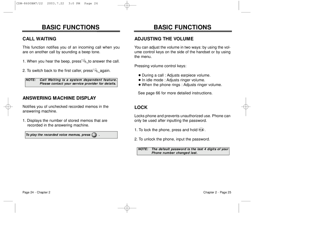 Audiovox CDM 8600 owner manual Call Waiting, Answering Machine Display, Adjusting the Volume, Lock 