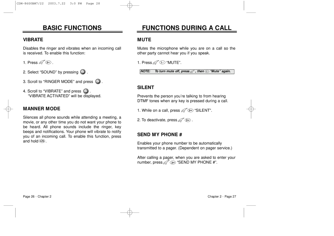 Audiovox CDM 8600 owner manual Functions During a Call 