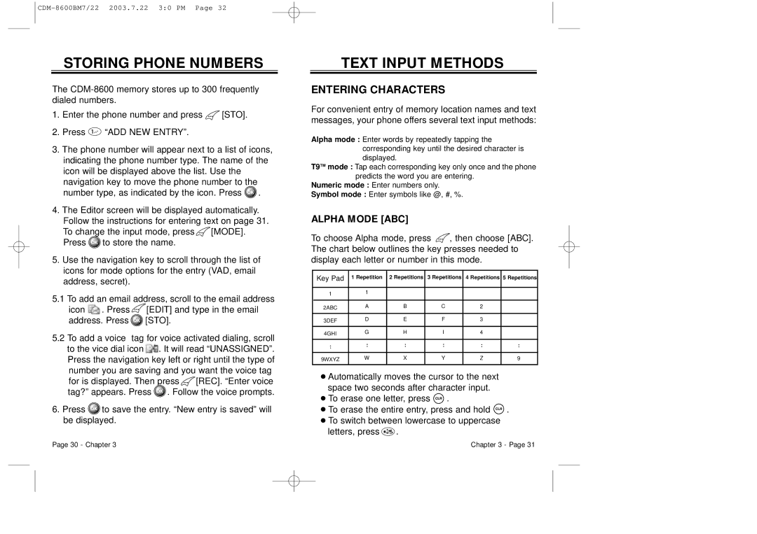 Audiovox CDM 8600 owner manual Storing Phone Numbers, Text Input Methods, Entering Characters 