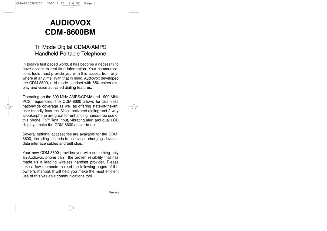 Audiovox CDM 8600 owner manual Audiovox 