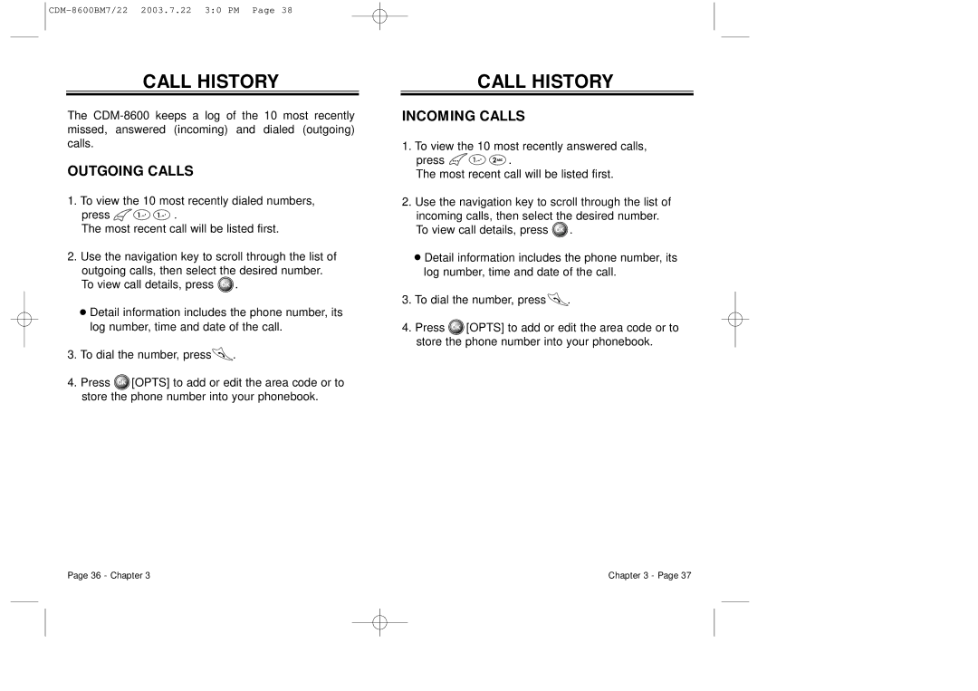 Audiovox CDM 8600 owner manual Call History, Outgoing Calls, Incoming Calls 