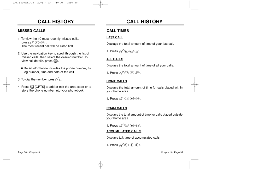 Audiovox CDM 8600 owner manual Missed Calls, Call Times 