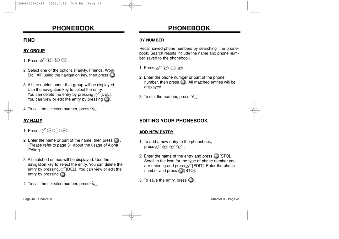 Audiovox CDM 8600 owner manual Find, Editing Your Phonebook 