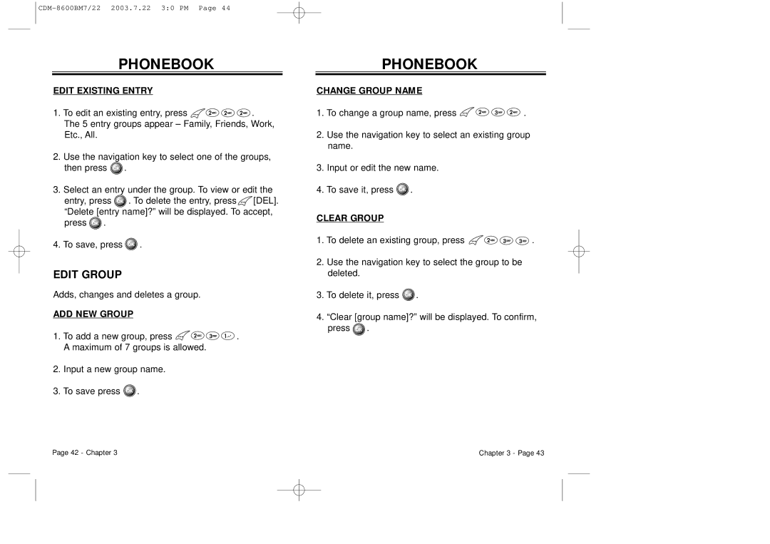 Audiovox CDM 8600 owner manual Edit Group, Edit Existing Entry, ADD NEW Group, Change Group Name, Clear Group 