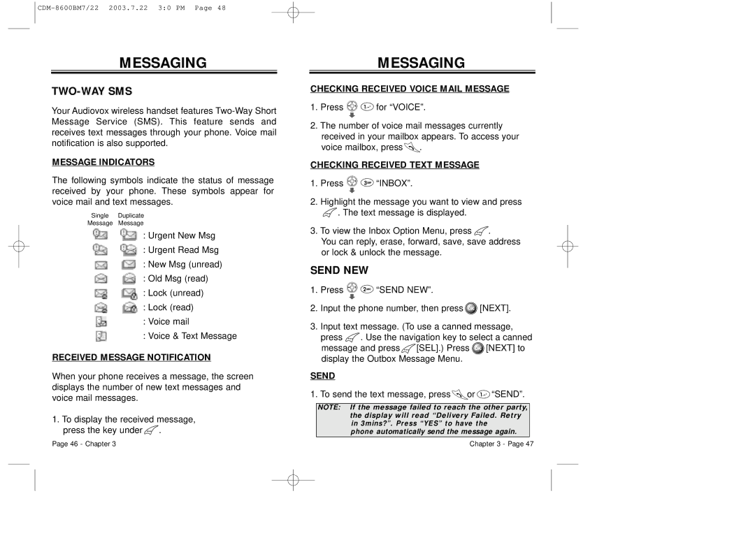 Audiovox CDM 8600 owner manual Messaging, Two-Way Sms, Send NEW 