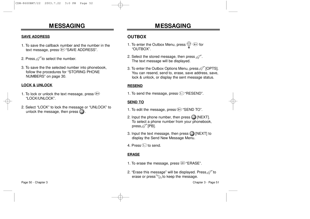 Audiovox CDM 8600 owner manual Outbox, Save Address, Lock & Unlock, Resend, Send to 
