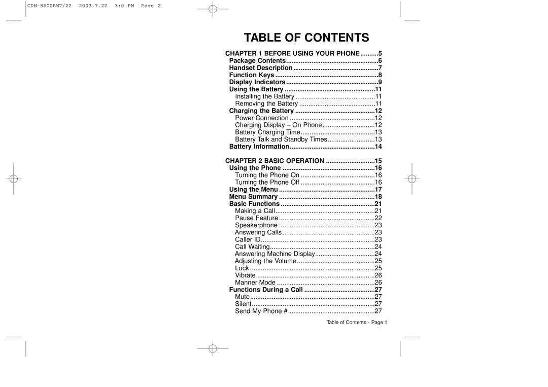 Audiovox CDM 8600 owner manual Table of Contents 