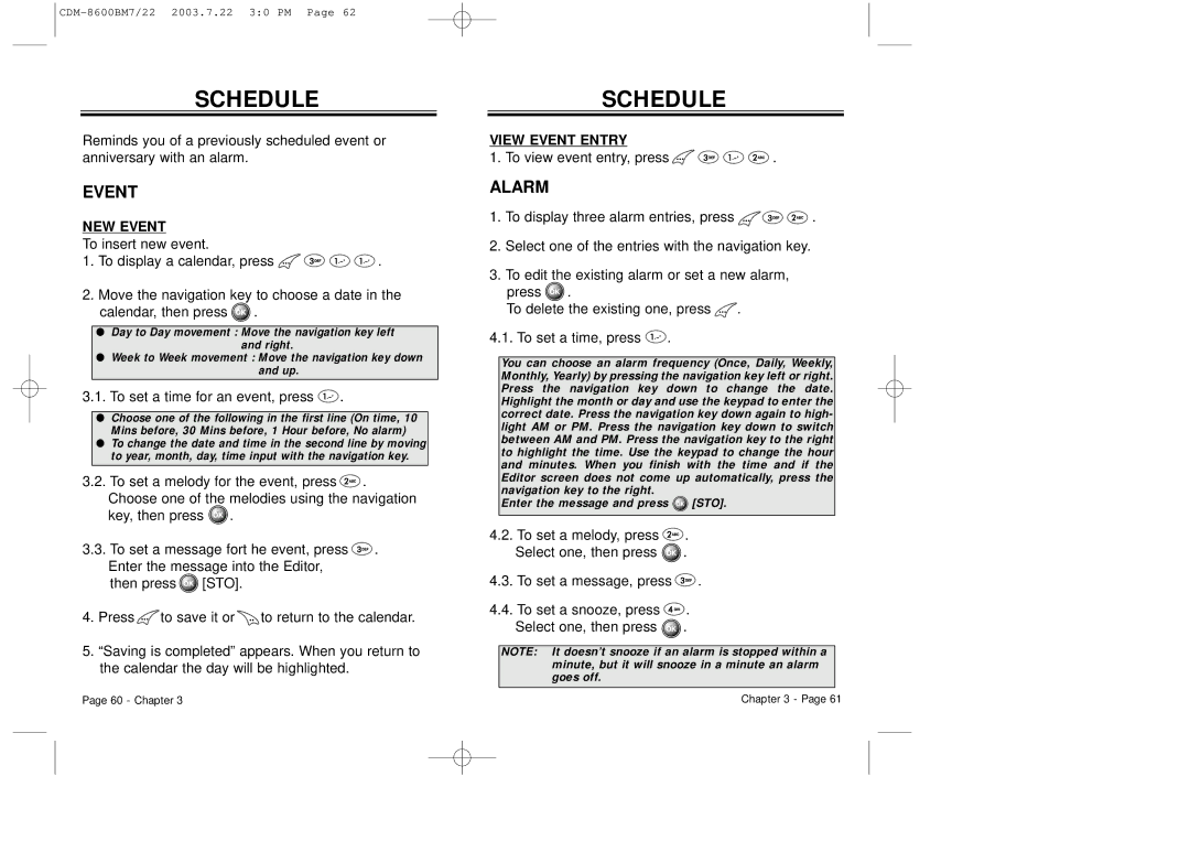 Audiovox CDM 8600 owner manual Schedule, Alarm, NEW Event, View Event Entry 