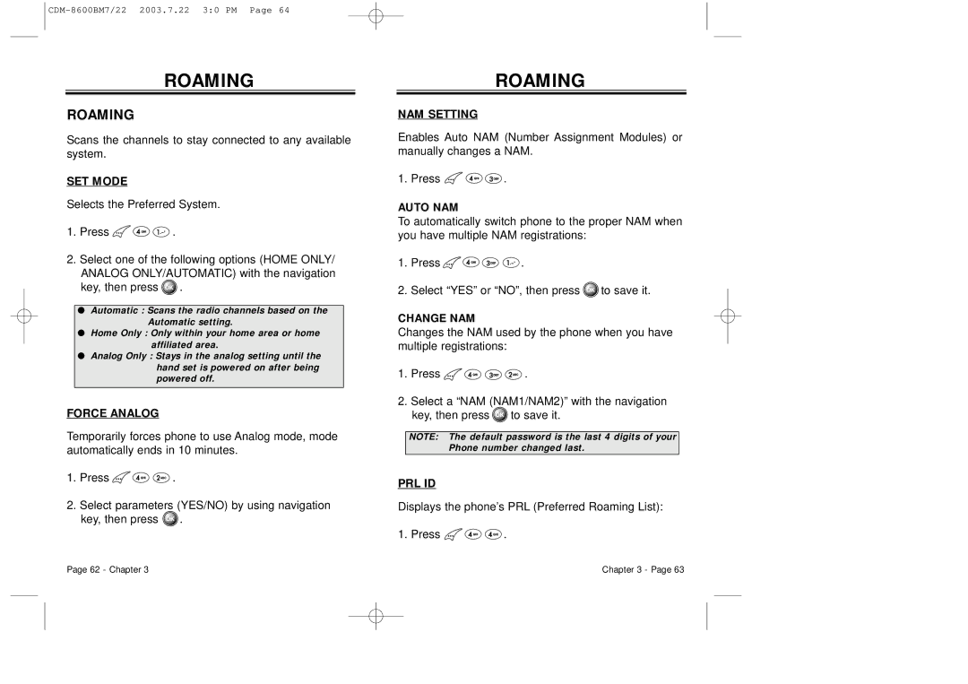 Audiovox CDM 8600 owner manual Roaming 