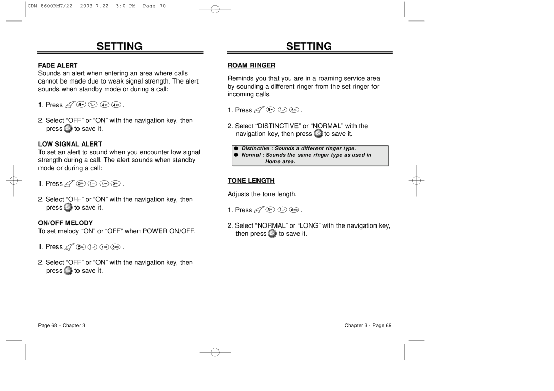Audiovox CDM 8600 owner manual Fade Alert, LOW Signal Alert, ON/OFF Melody, Roam Ringer, Tone Length 