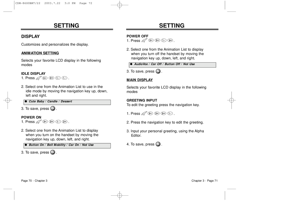 Audiovox CDM 8600 owner manual Animation Setting, Main Display 