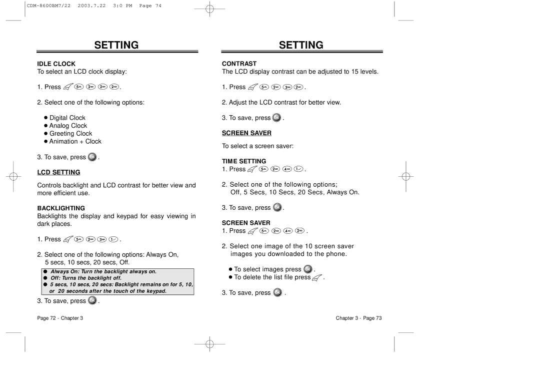 Audiovox CDM 8600 owner manual LCD Setting, Screen Saver 