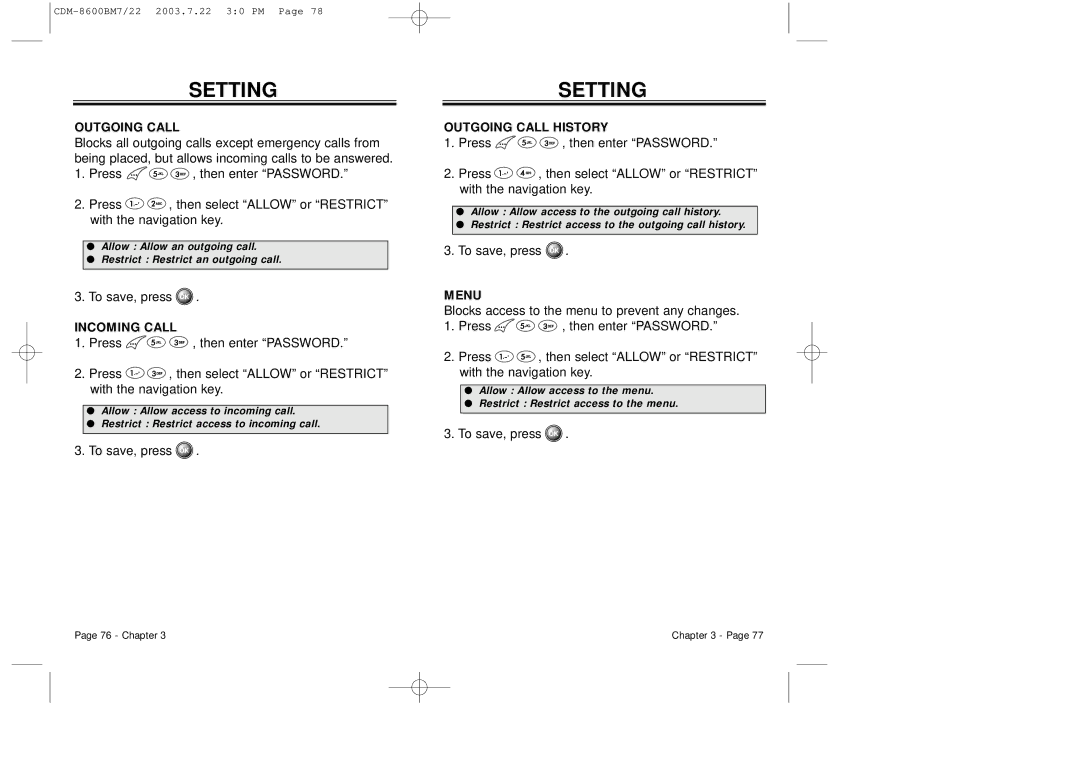 Audiovox CDM 8600 owner manual Incoming Call, Outgoing Call History, Menu 