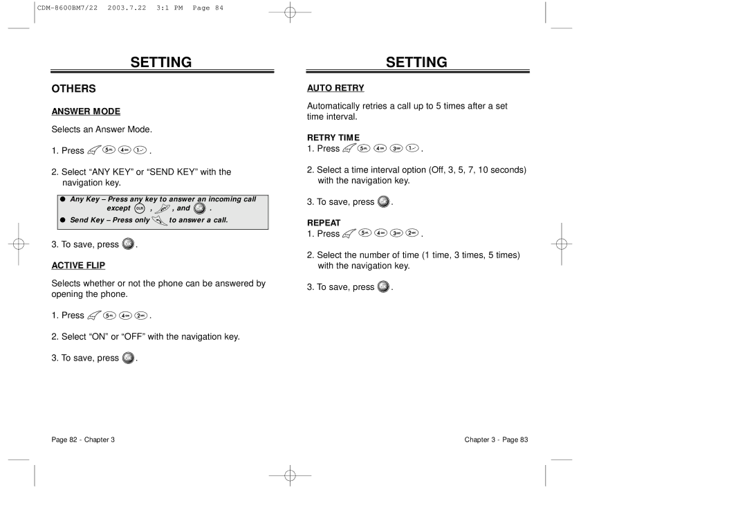 Audiovox CDM 8600 owner manual Others, Answer Mode, Active Flip, Auto Retry 