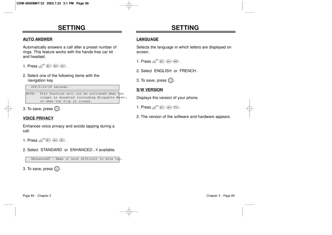 Audiovox CDM 8600 owner manual Auto Answer, Voice Privacy, Language, Version 