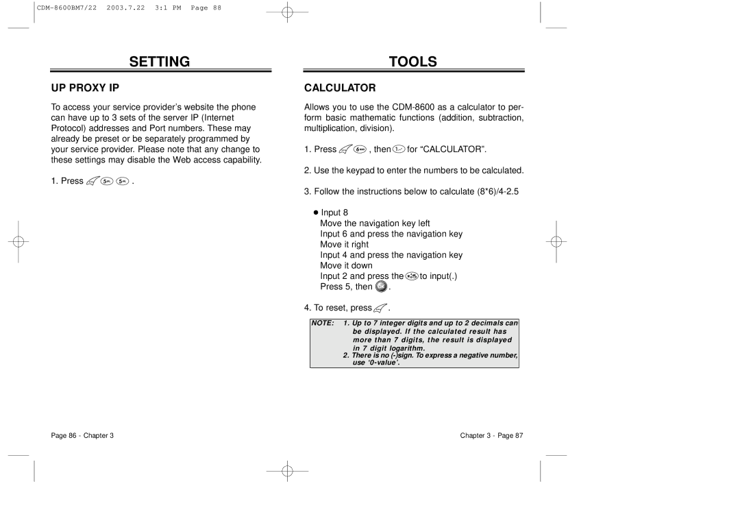 Audiovox CDM 8600 owner manual Tools, UP Proxy IP, Calculator 