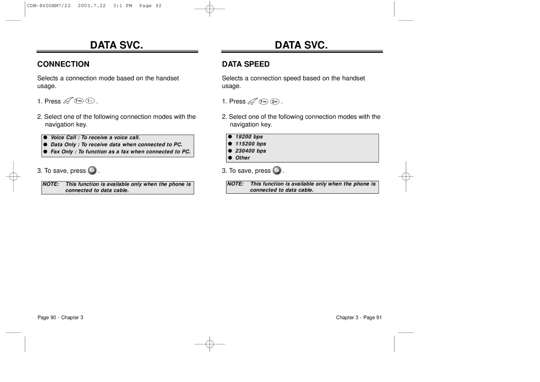 Audiovox CDM 8600 owner manual Data SVC, Connection, Data Speed 