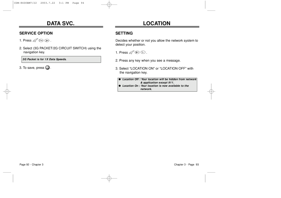 Audiovox CDM 8600 owner manual Location, Service Option, Setting 