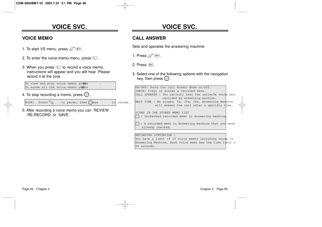 Audiovox CDM 8600 owner manual Voice SVC, Voice Memo, Call Answer 