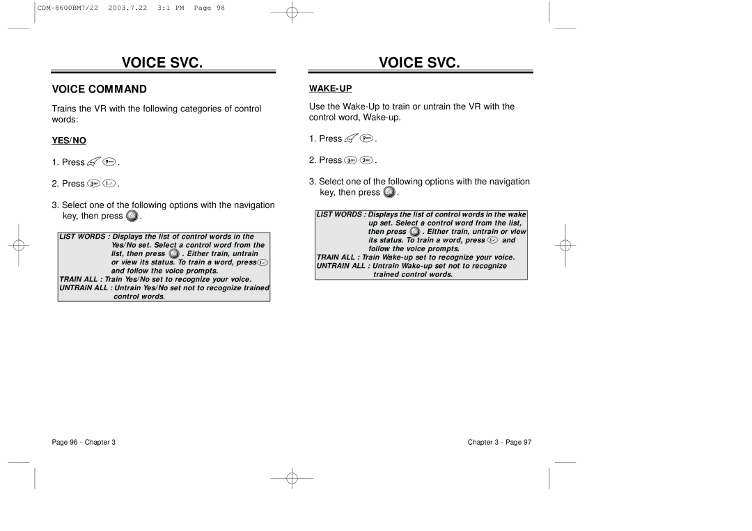 Audiovox CDM 8600 owner manual Voice Command, Yes/No, Wake-Up 