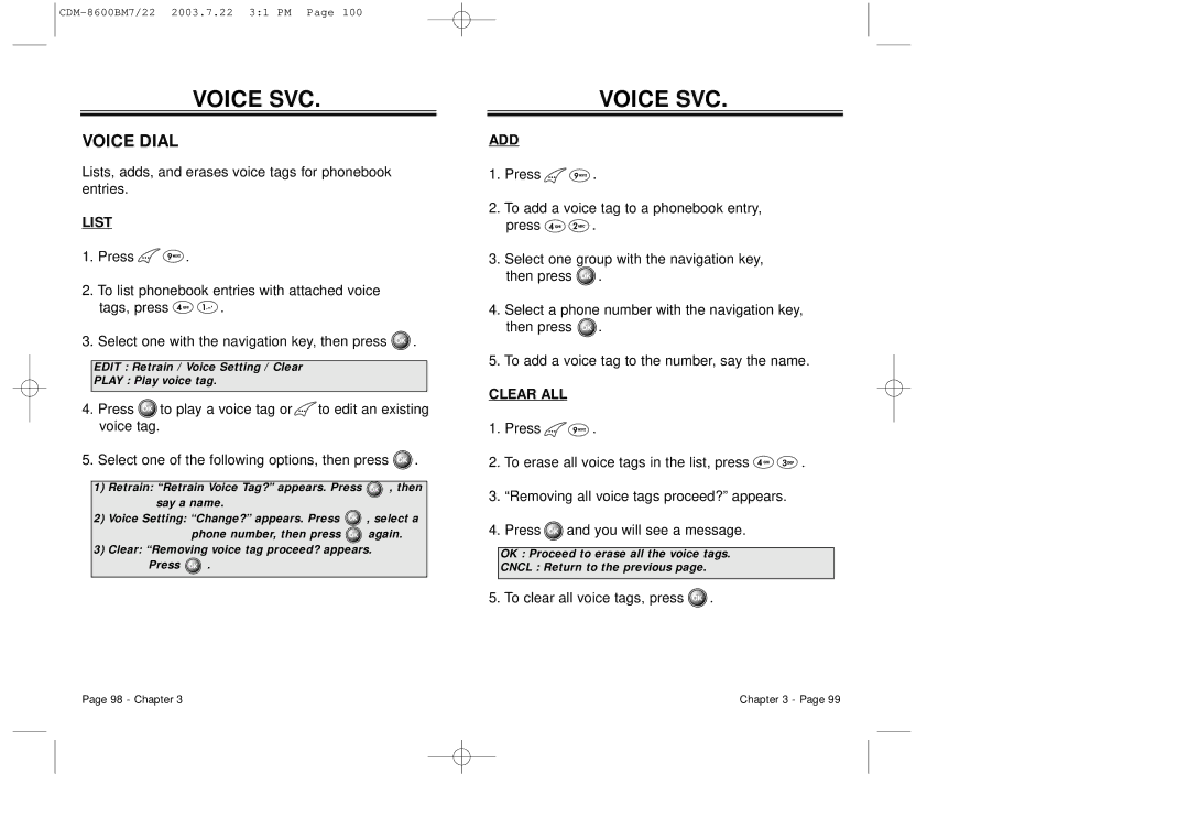 Audiovox CDM 8600 owner manual Voice Dial, List, Add, Clear ALL 