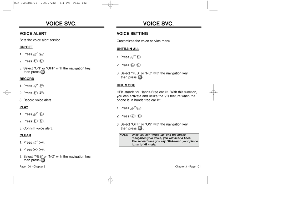 Audiovox CDM 8600 owner manual Voice Alert, Voice Setting 