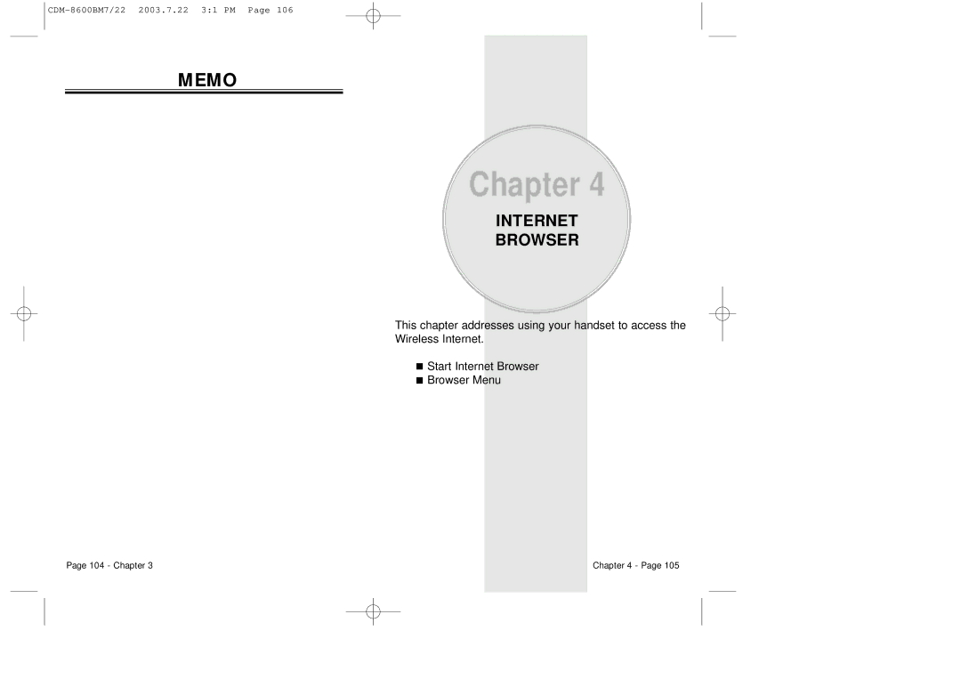 Audiovox CDM 8600 owner manual Memo, Internet Browser 