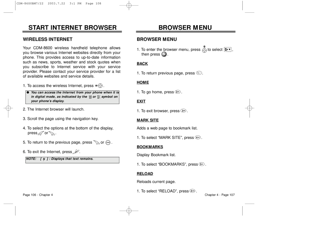 Audiovox CDM 8600 owner manual Start Internet Browser, Browser Menu, Wireless Internet 