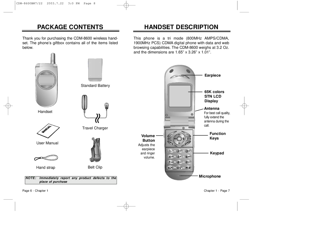 Audiovox CDM 8600 owner manual Package Contents, Handset Description 