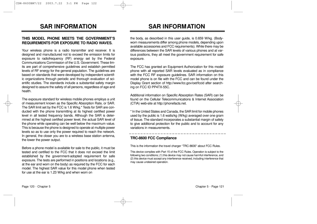 Audiovox CDM 8600 owner manual SAR Information, TRC-8600 FCC Compliance 