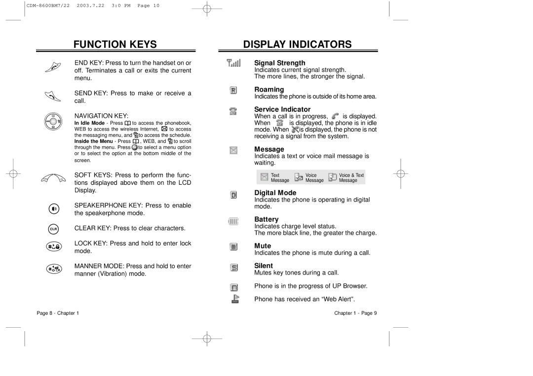 Audiovox CDM 8600 owner manual Function Keys, Display Indicators 