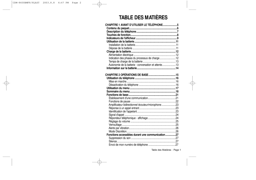 Audiovox CDM 8600 owner manual Table DES Matières, Chapitre 2 Opérations DE Base 