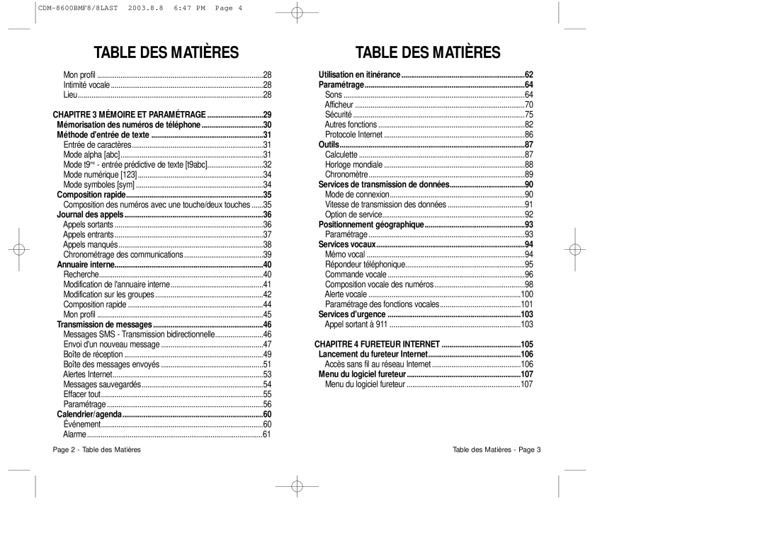 Audiovox CDM 8600 owner manual Chapitre 3 Mémoire ET Paramétrage, Chapitre 4 Fureteur Internet 