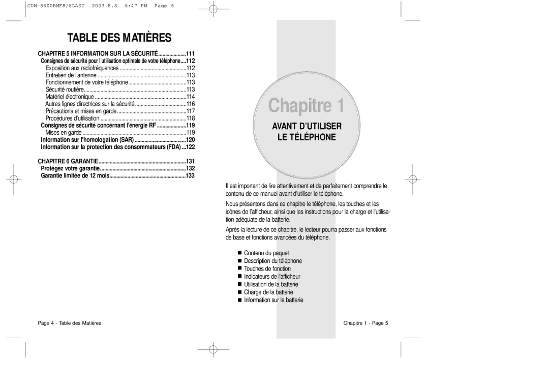 Audiovox CDM 8600 owner manual Avant D’UTILISER LE Téléphone, Chapitre 5 Information SUR LA Sécurité, Chapitre 6 Garantie 