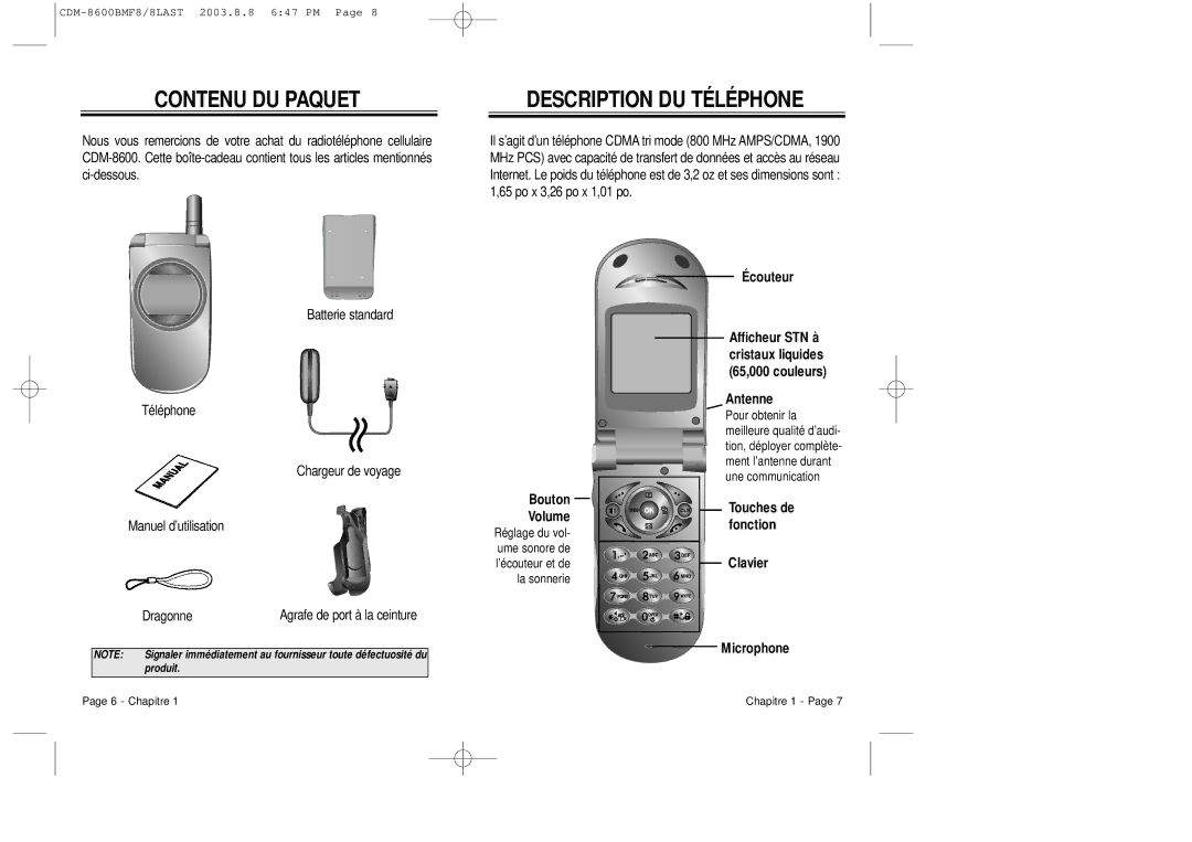 Audiovox CDM 8600 owner manual Contenu DU Paquet, Description DU Téléphone 