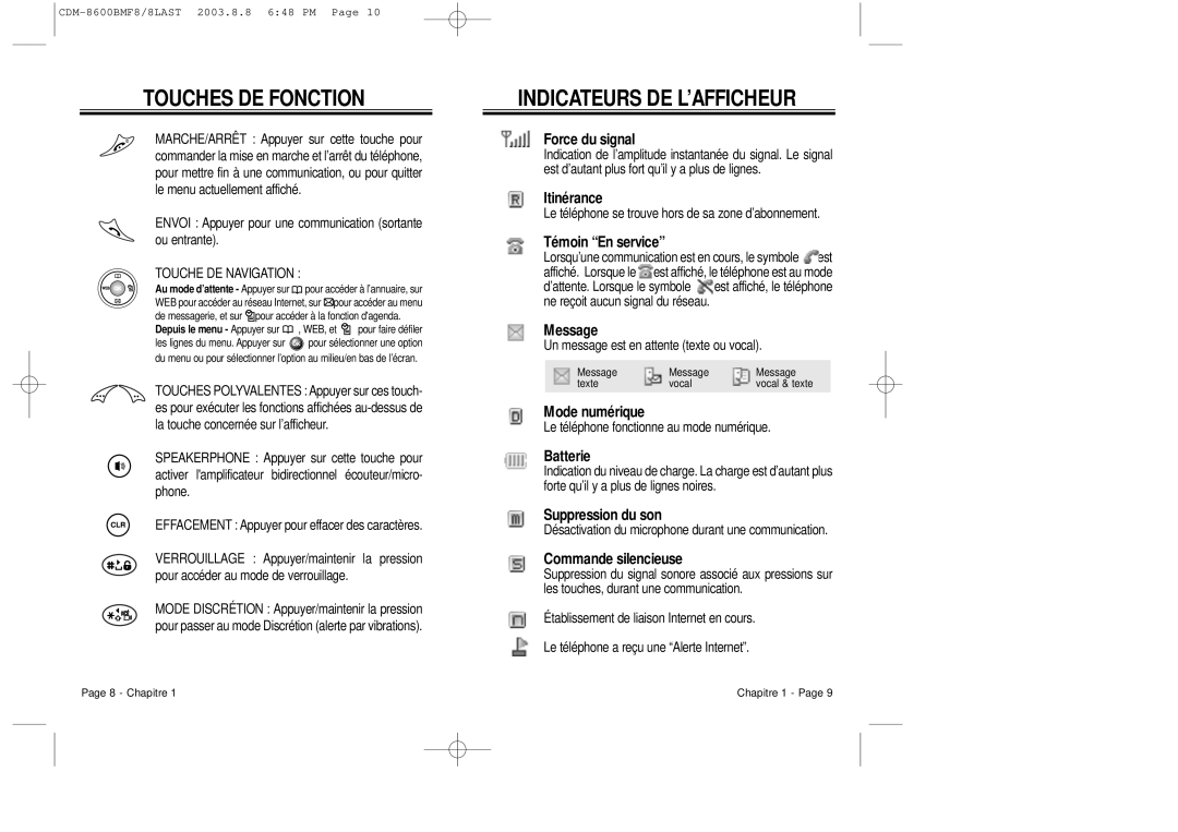 Audiovox CDM 8600 owner manual Touches DE Fonction, Indicateurs DE L’AFFICHEUR 