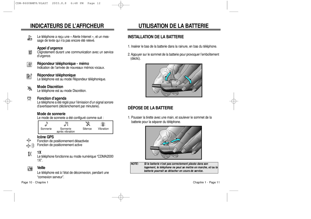 Audiovox CDM 8600 owner manual Utilisation DE LA Batterie, Installation DE LA Batterie, Dépose DE LA Batterie 