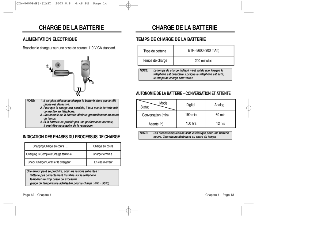 Audiovox CDM 8600 owner manual Alimentation Électrique, Temps DE Charge DE LA Batterie 