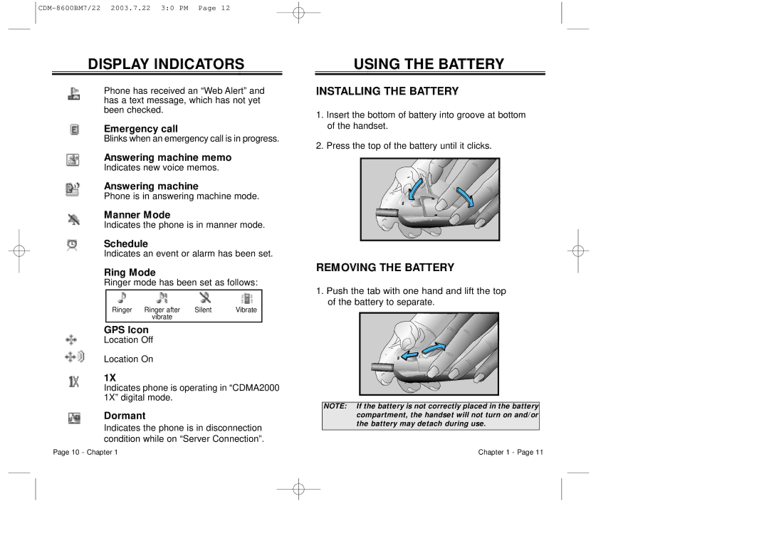 Audiovox CDM 8600 owner manual Using the Battery, Installing the Battery, Removing the Battery 