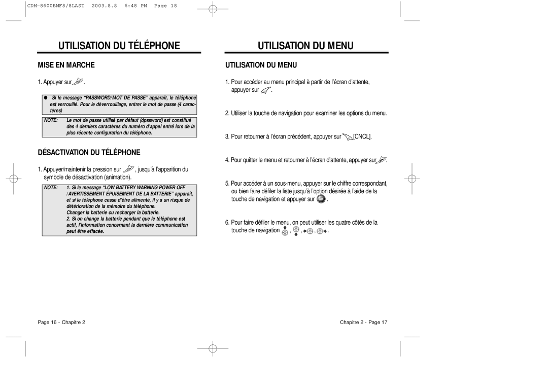 Audiovox CDM 8600 owner manual Utilisation DU Téléphone, Utilisation DU Menu, Mise EN Marche, Désactivation DU Téléphone 