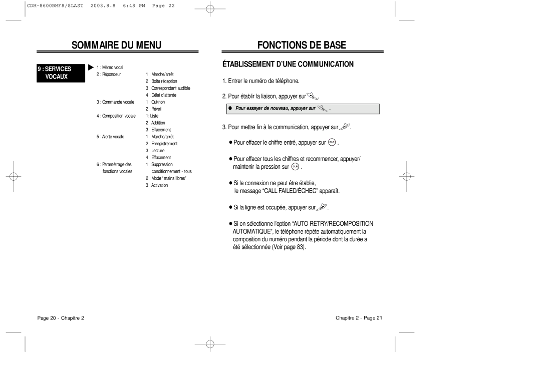 Audiovox CDM 8600 owner manual Fonctions DE Base, Établissement D’UNE Communication 