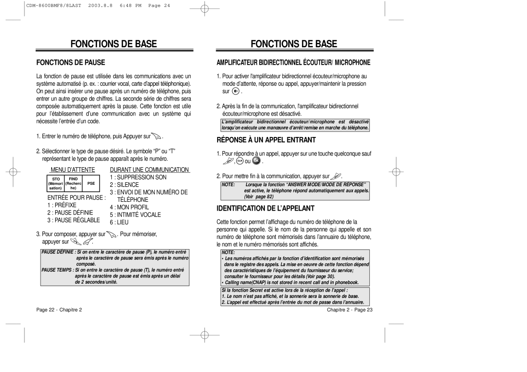 Audiovox CDM 8600 owner manual Fonctions DE Pause, Réponse À UN Appel Entrant, Identification DE L’APPELANT 