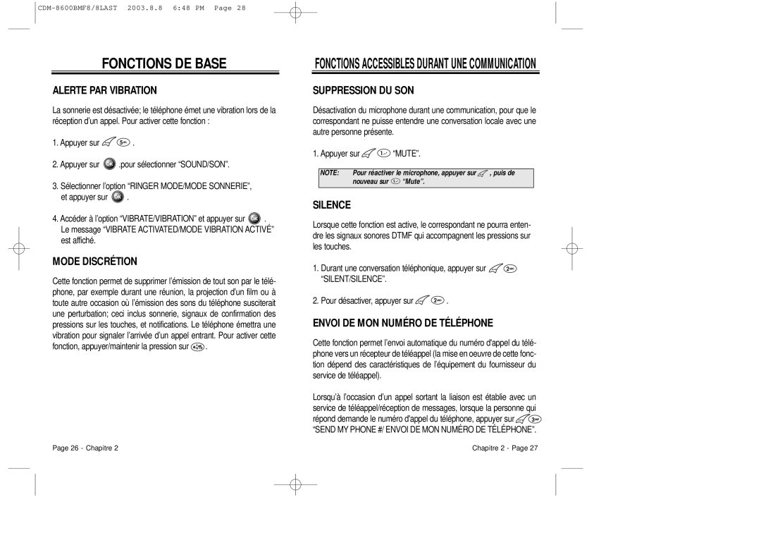 Audiovox CDM 8600 Alerte PAR Vibration, Mode Discrétion, Suppression DU SON, Silence, Envoi DE MON Numéro DE Téléphone 