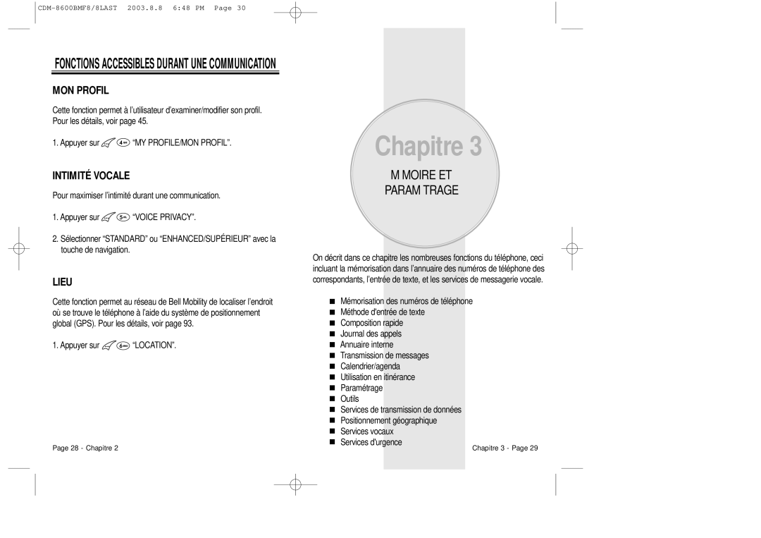 Audiovox CDM 8600 owner manual Mémoire ET Paramétrage, MON Profil, Intimité Vocale, Lieu 