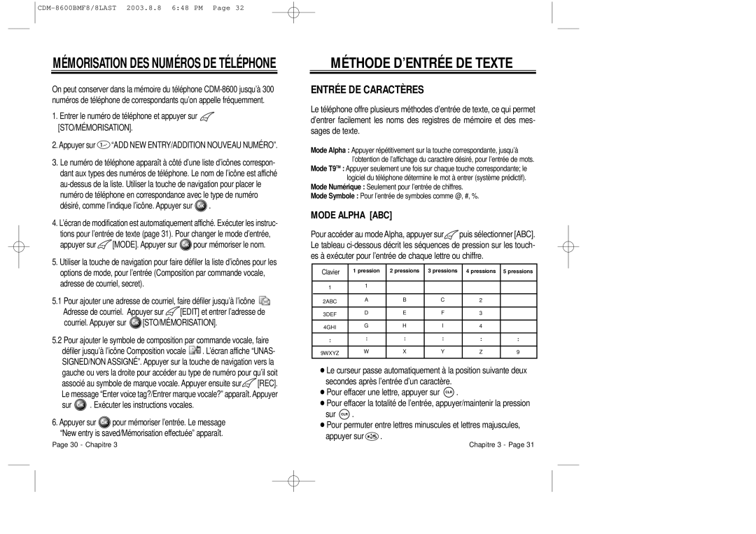 Audiovox CDM 8600 owner manual Méthode D’ENTRÉE DE Texte, Entrée DE Caractères 