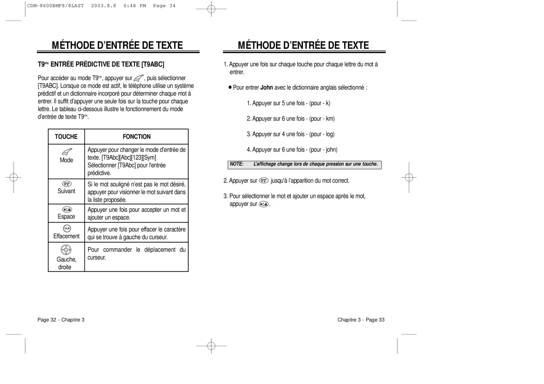 Audiovox CDM 8600 owner manual T9mc Entrée Prédictive DE Texte T9ABC, Touche Fonction 