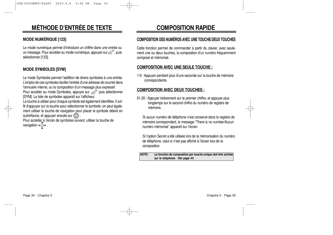 Audiovox CDM 8600 owner manual Composition Rapide, Mode Numérique 