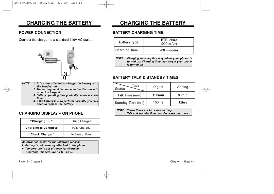 Audiovox CDM 8600 owner manual Charging the Battery, Power Connection, Charging Display on Phone, Battery Charging Time 